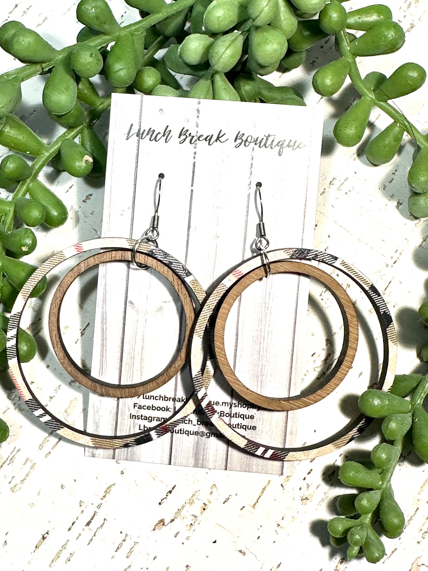 Large Plaid & Walnut Double Hoops