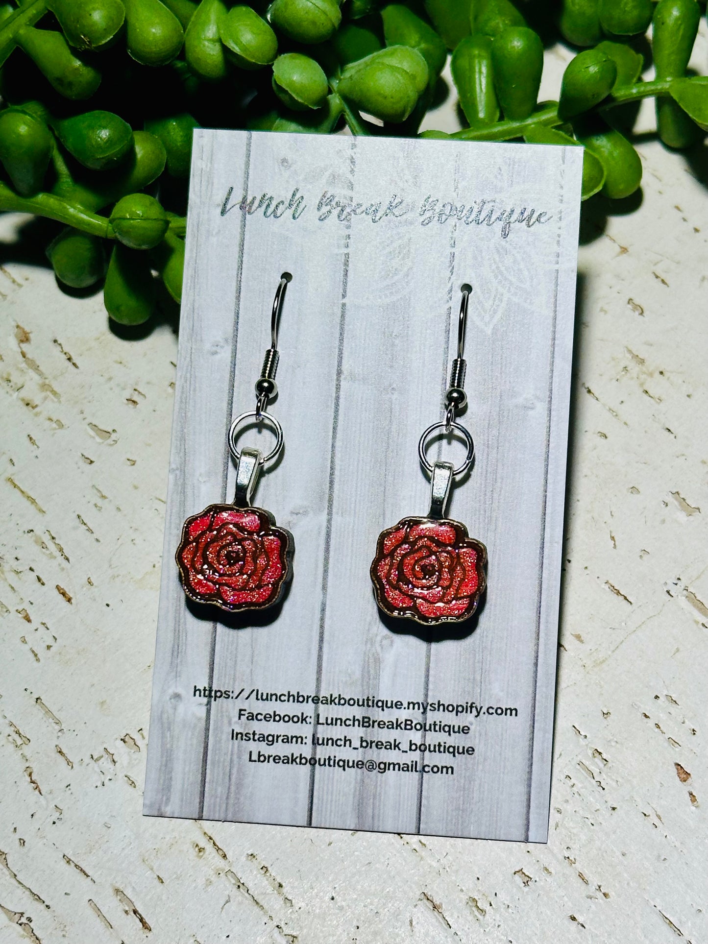 Painted red sparkle rose dangles