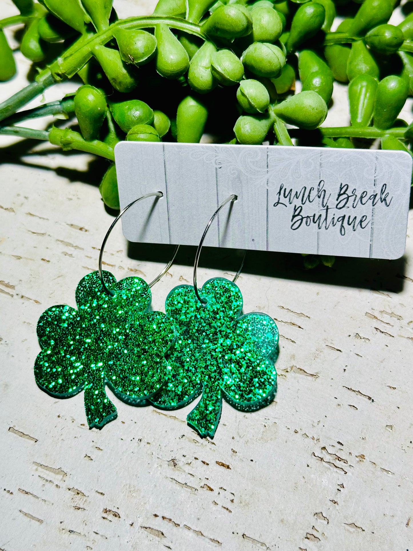 Bright green acrylic 🍀 on hoops